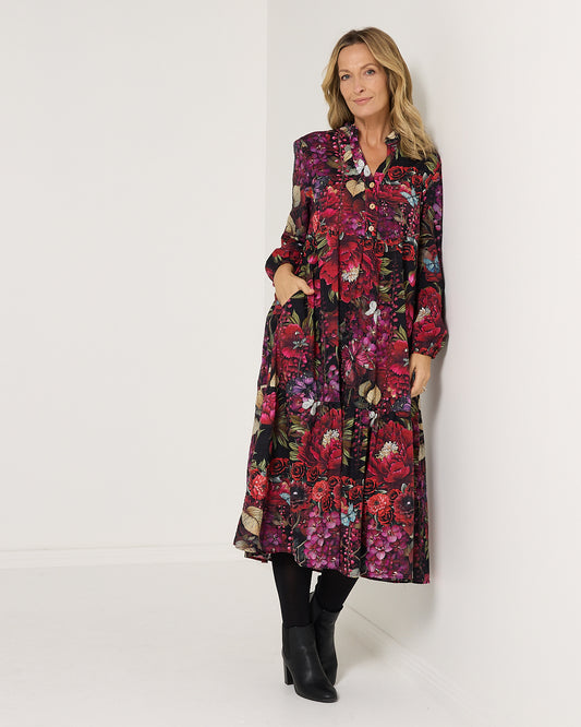 Vienna Cotton Midi Dress - Red Floral
