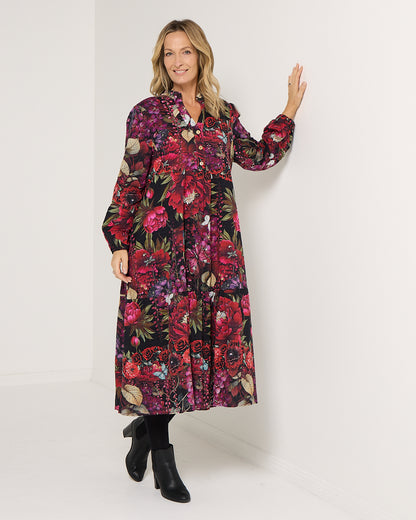Vienna Cotton Midi Dress - Red Floral