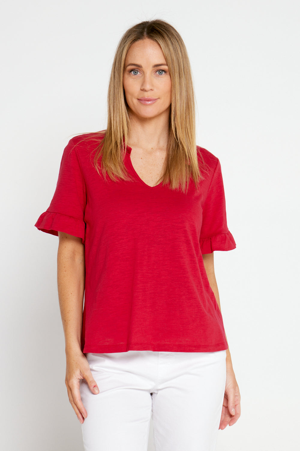Vee Ruffle Cotton Top - Red