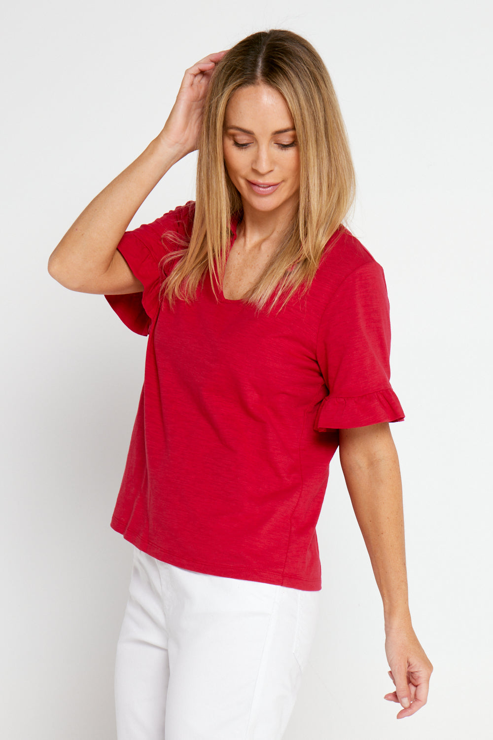 Vee Ruffle Cotton Top - Red