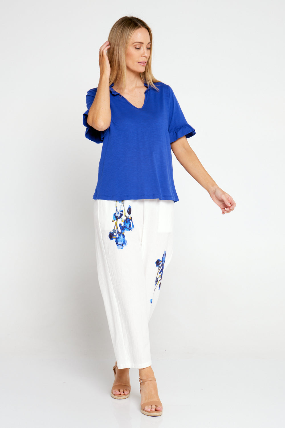 Upcycled Print Pants - White/Blue Floral
