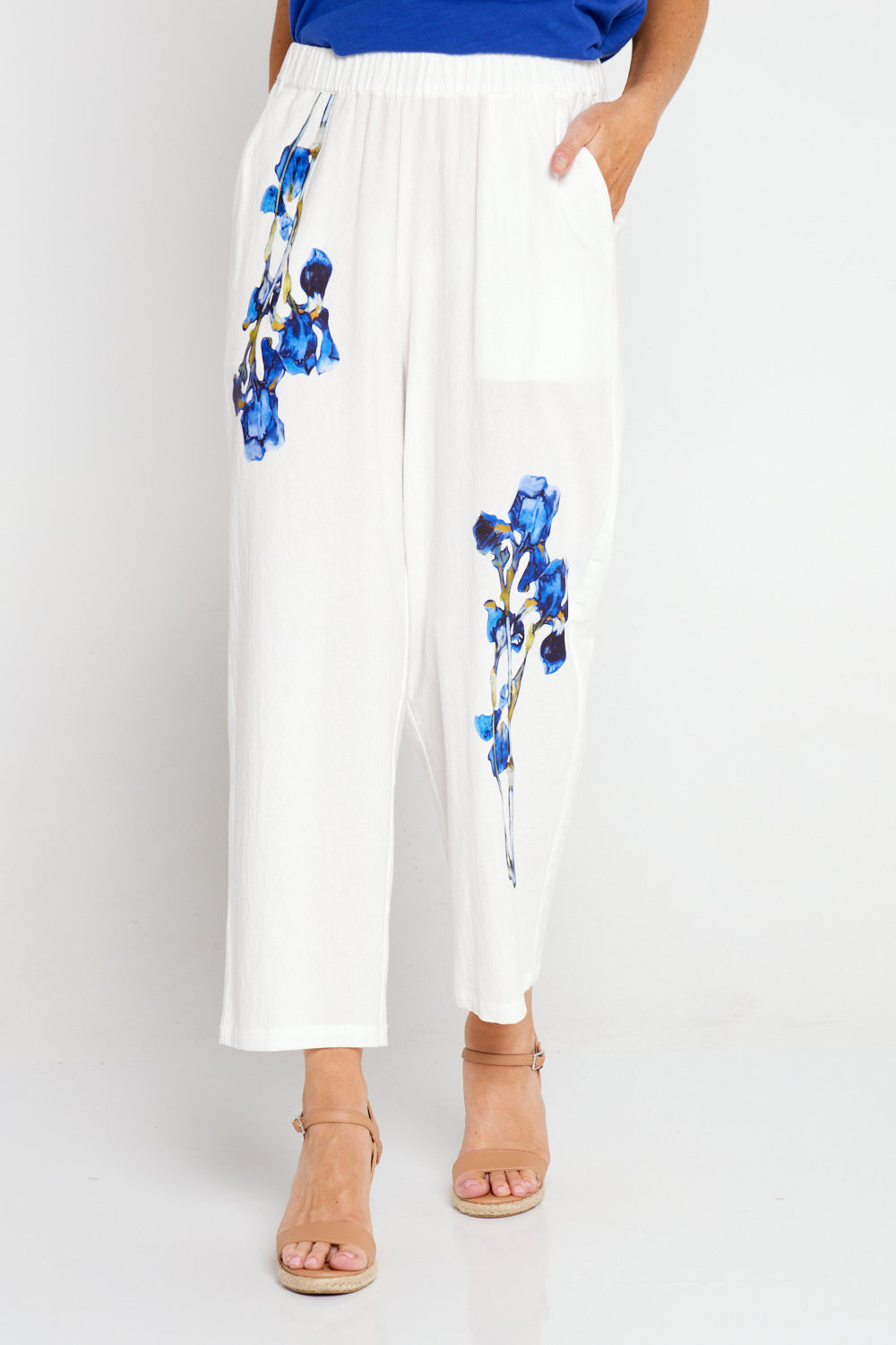 Upcycled Print Pants - White/Blue Floral