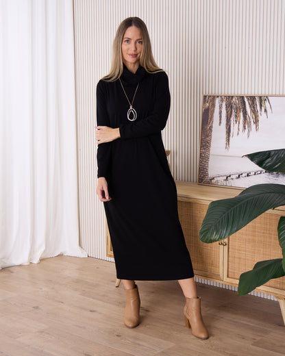 Weekend Cowl Fleece Dress - Black
