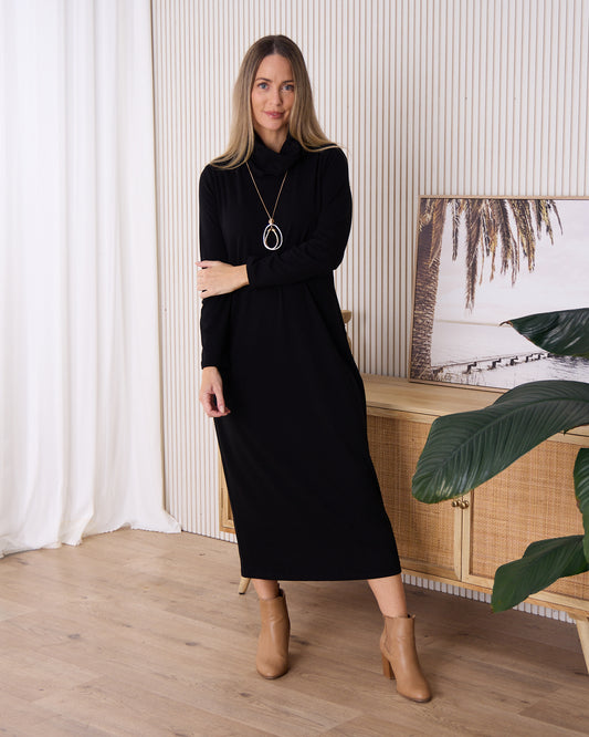 Weekend Cowl Fleece Dress - Black