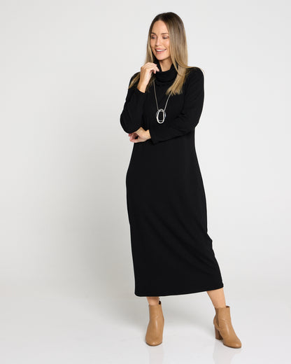 Weekend Cowl Fleece Dress - Black
