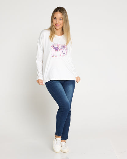 Anika Long Sleeve Fleece Tee - White Elephant