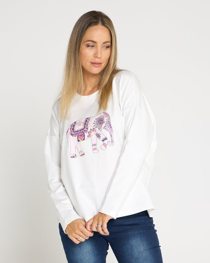 Anika Long Sleeve Fleece Tee - White Elephant