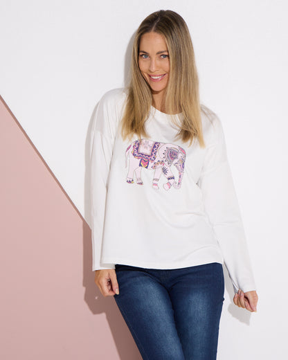 Anika Long Sleeve Fleece Tee - White Elephant