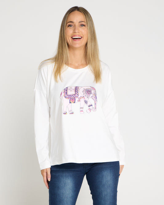 Anika Long Sleeve Fleece Tee - White Elephant