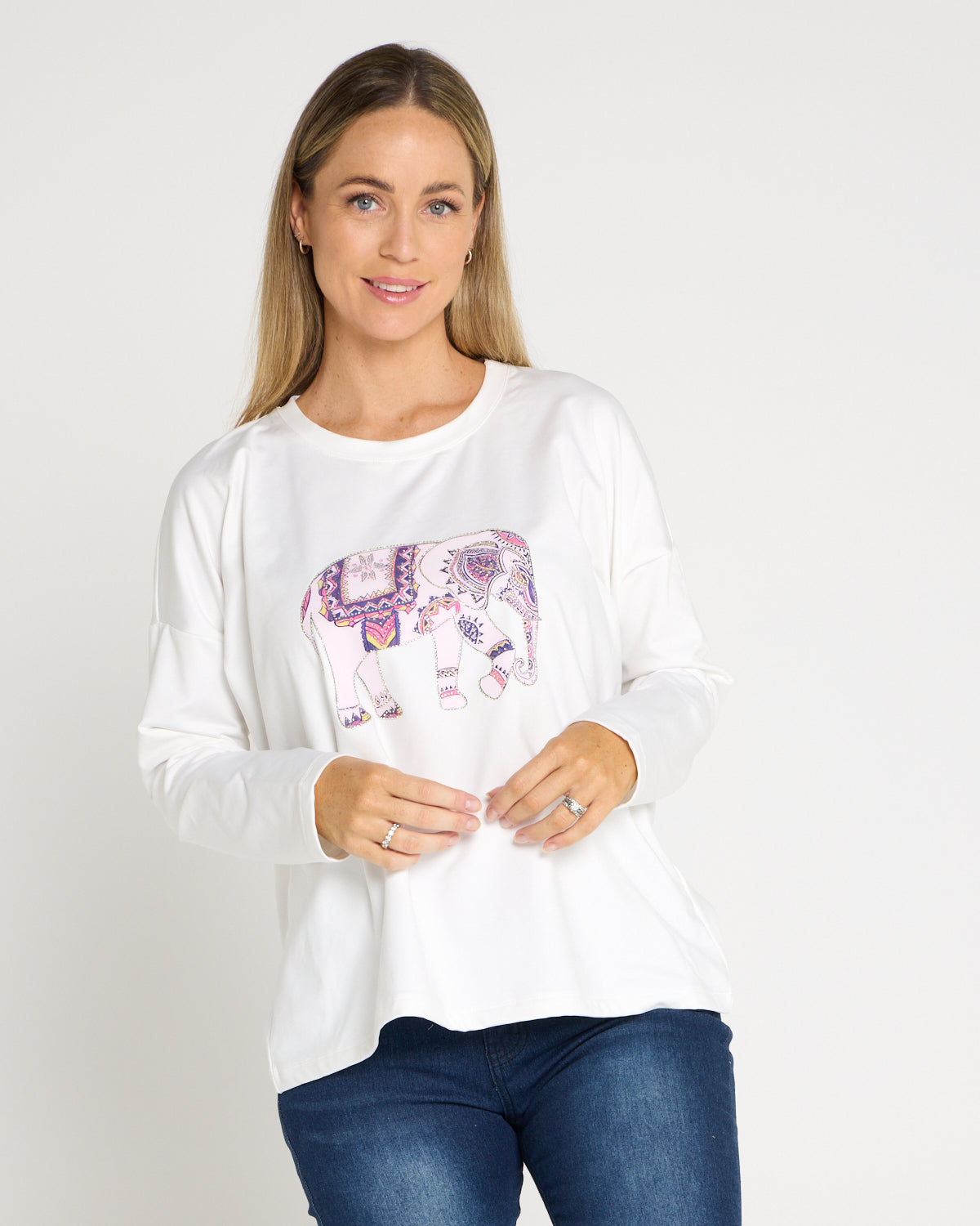 Anika Long Sleeve Fleece Tee - White Elephant