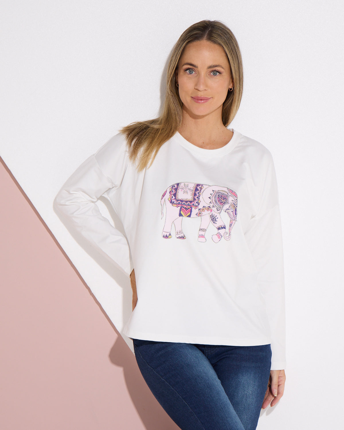 Anika Long Sleeve Fleece Tee - White Elephant