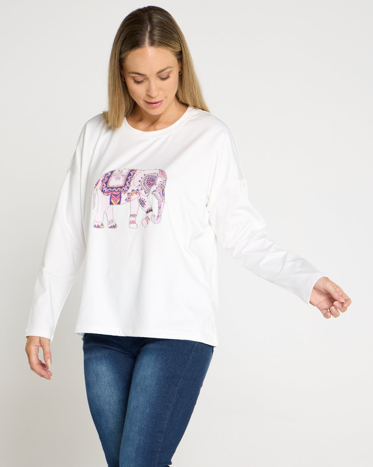 Anika Long Sleeve Fleece Tee - White Elephant