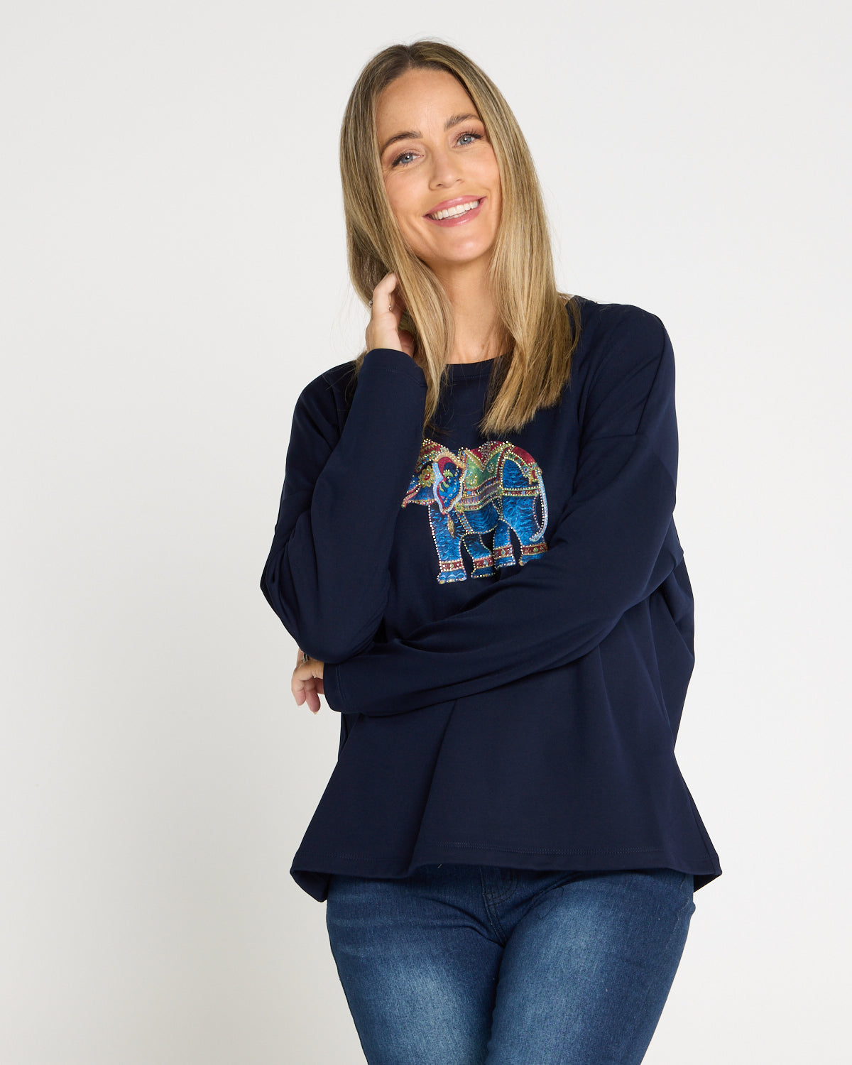 Anika Long Sleeve Fleece Tee - Navy Elephant