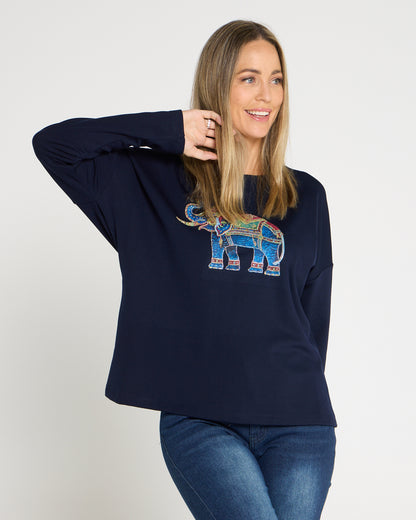 Anika Long Sleeve Fleece Tee - Navy Elephant