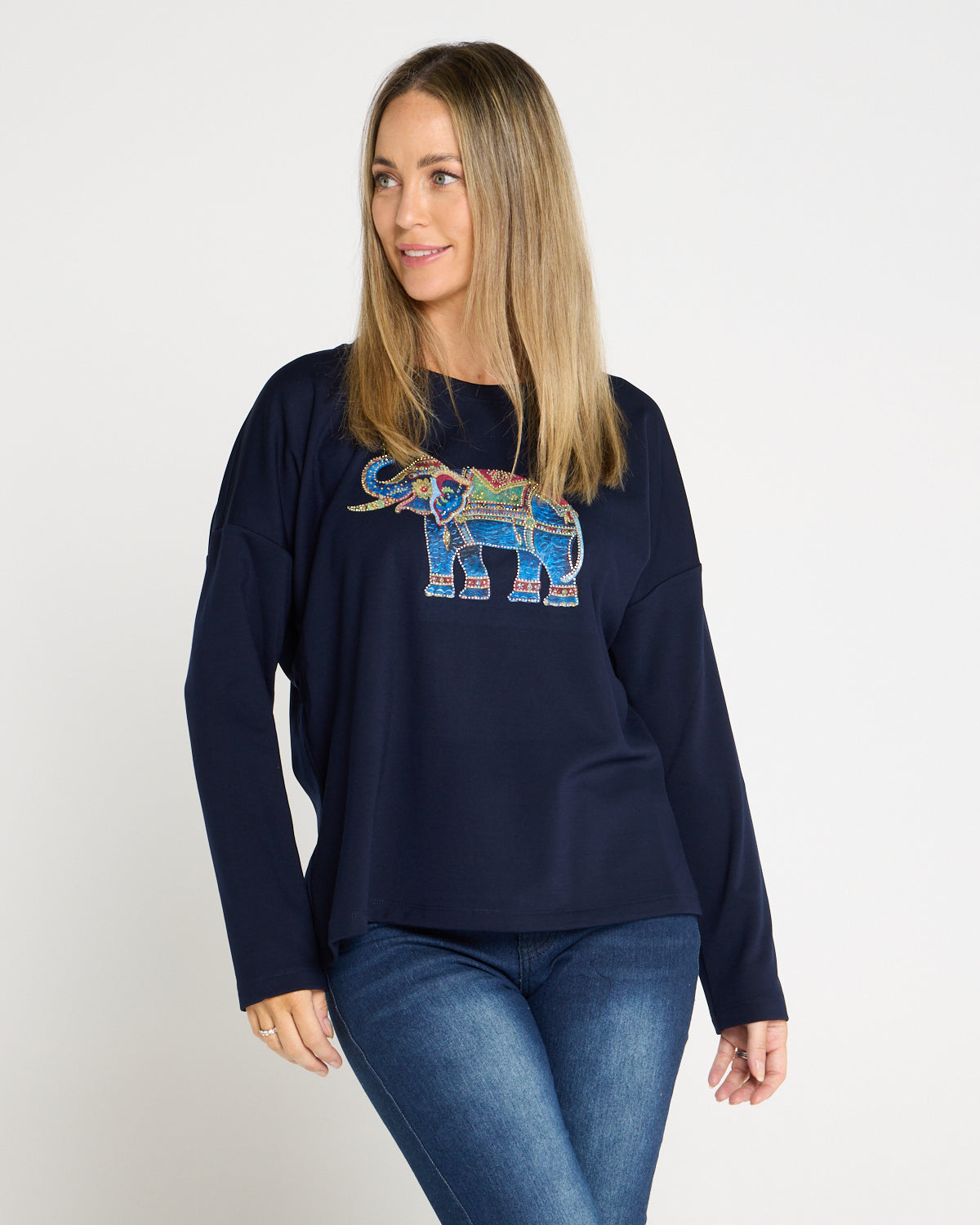 Anika Long Sleeve Fleece Tee - Navy Elephant