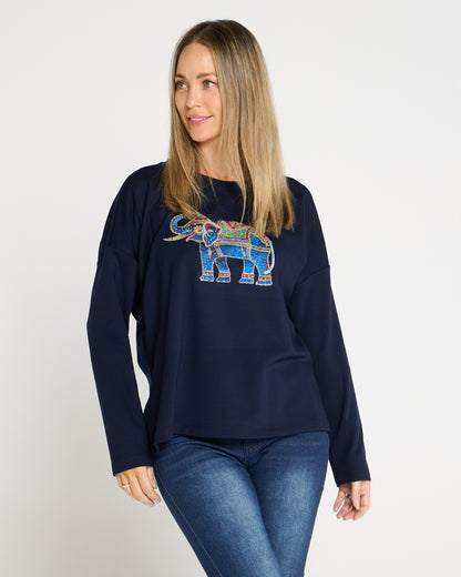 Anika Long Sleeve Fleece Tee - Navy Elephant