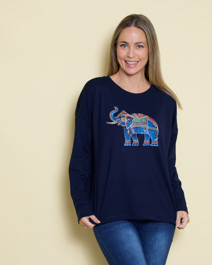 Anika Long Sleeve Fleece Tee - Navy Elephant