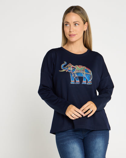 Anika Long Sleeve Fleece Tee - Navy Elephant