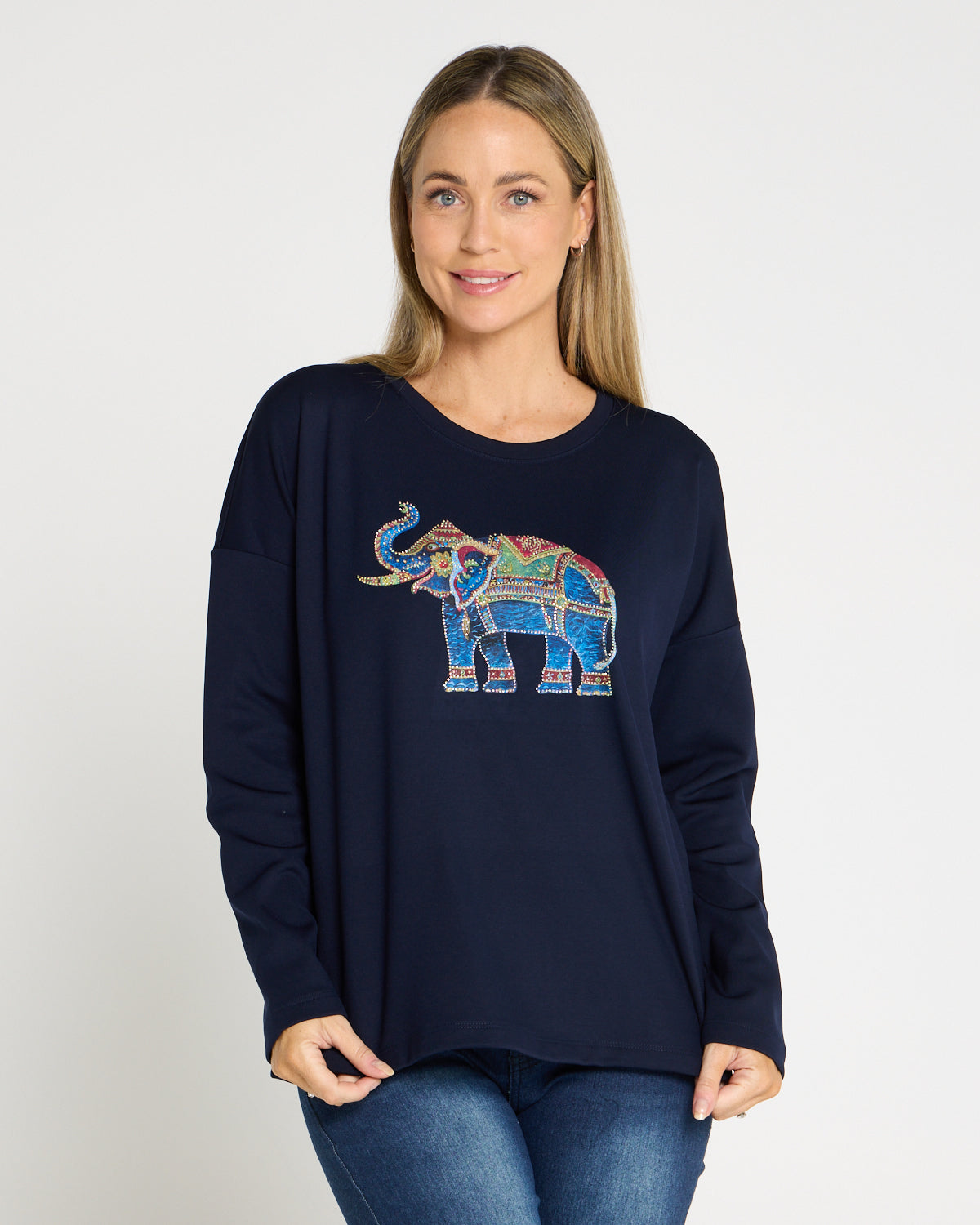 Anika Long Sleeve Fleece Tee - Navy Elephant