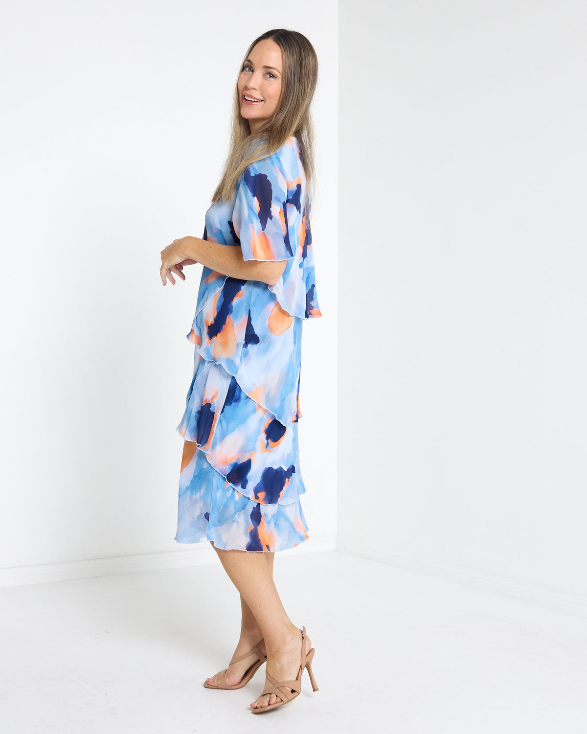 Arabella Chiffon Layered Dress - All the Blues: styled view