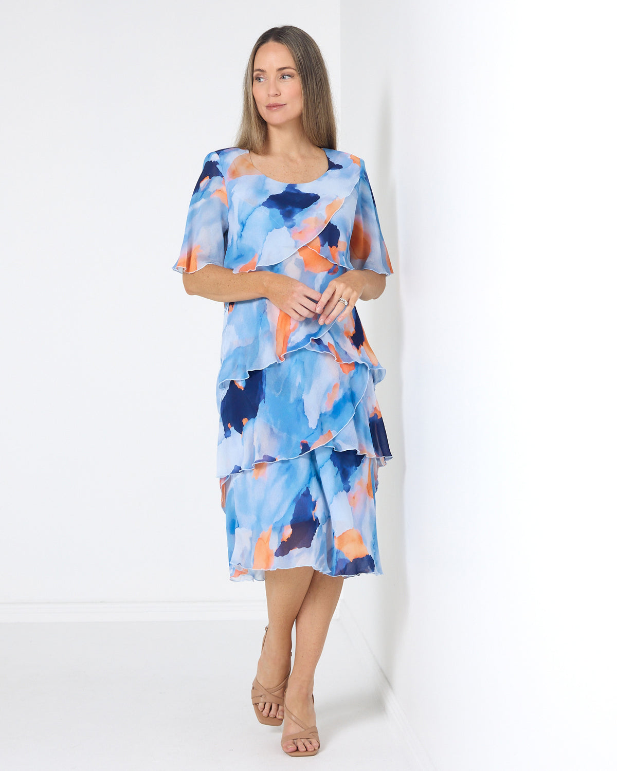 Arabella Chiffon Layered Dress - All the Blues: styled view