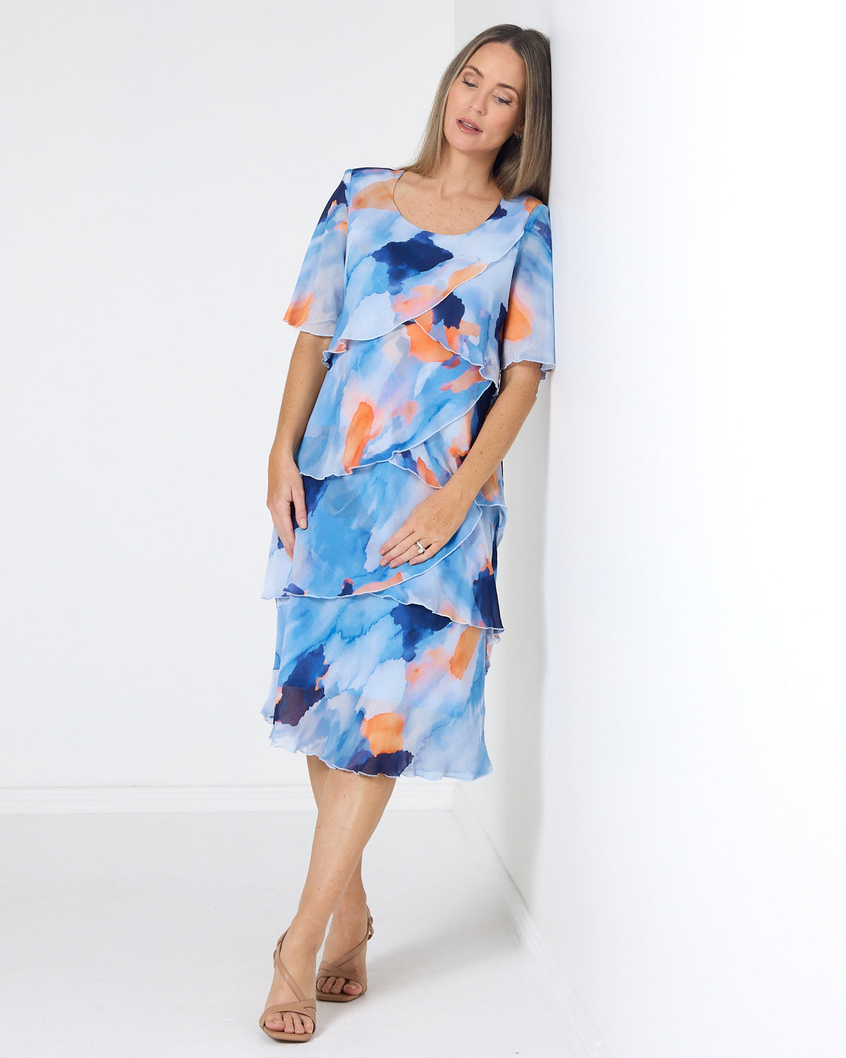 Arabella Chiffon Layered Dress - All the Blues: styled view