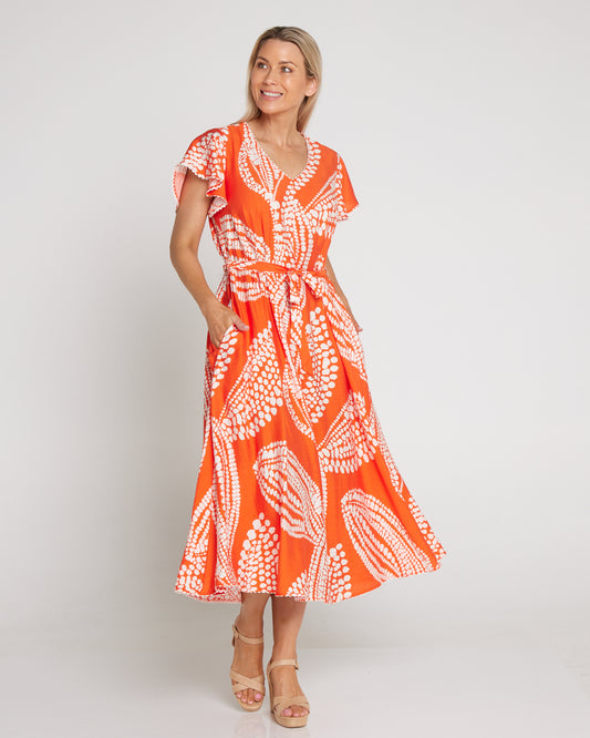 Josie Flutter Sleeve Dress - Orange/White Spot Leaf