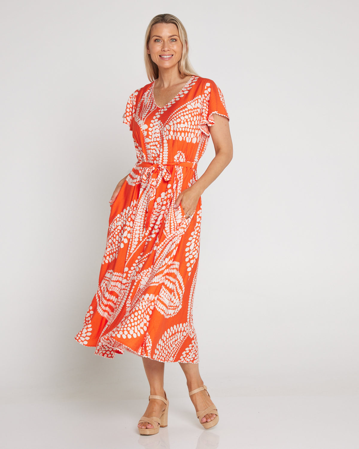 Josie Flutter Sleeve Dress - Orange/White Spot Leaf