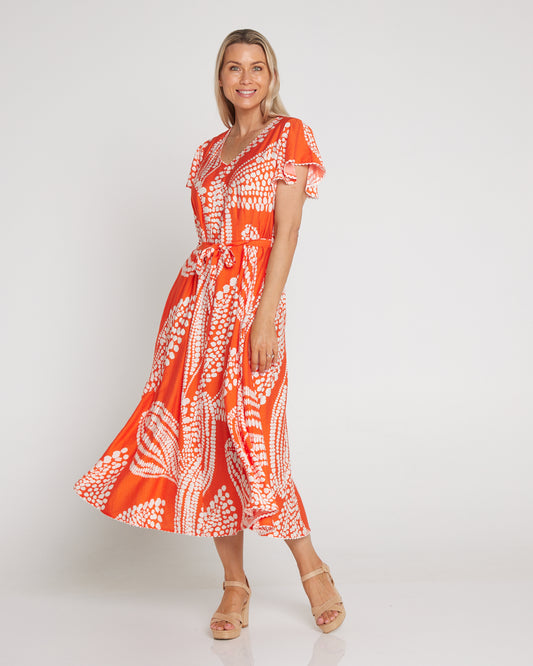 Josie Flutter Sleeve Dress - Orange/White Spot Leaf