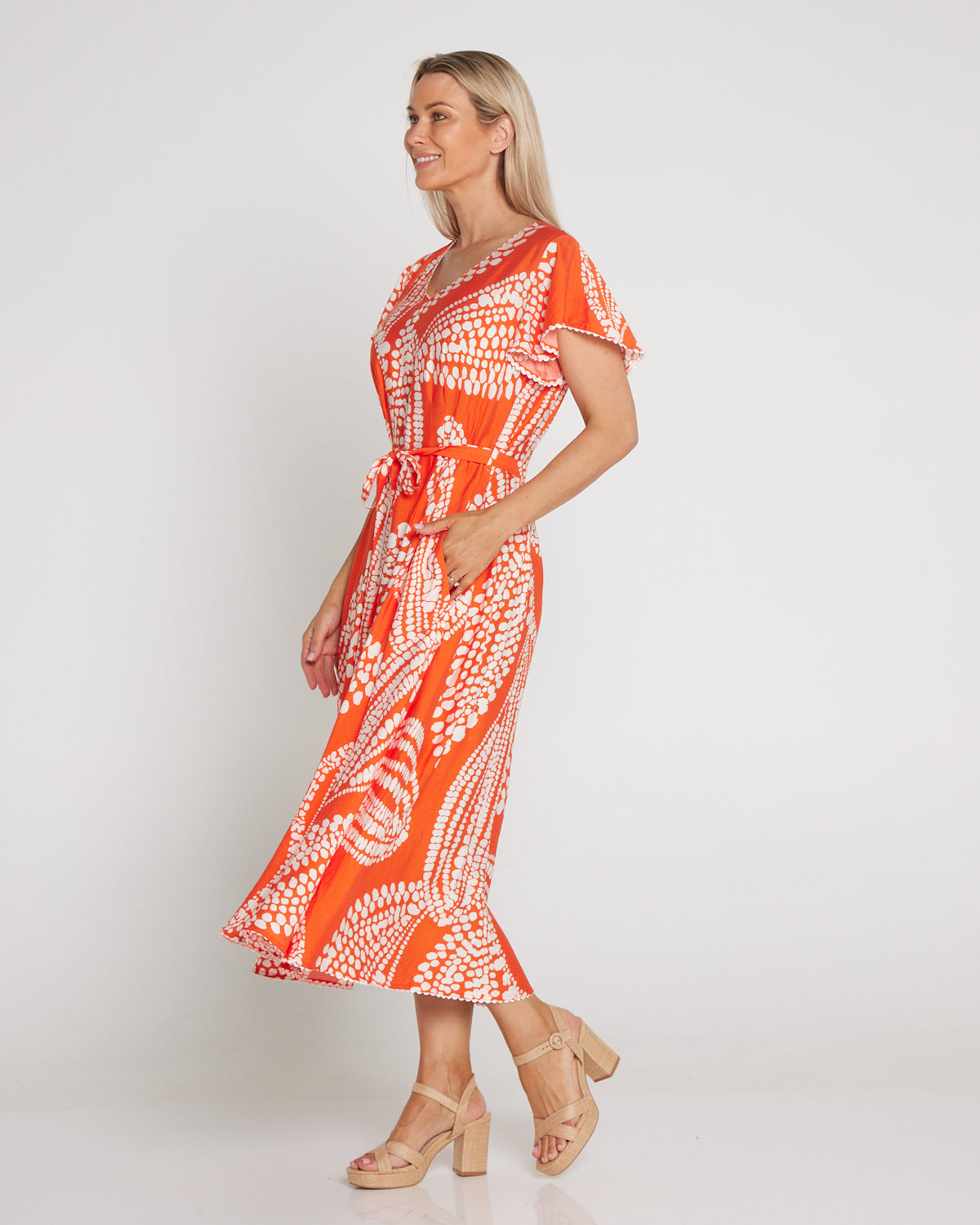 Josie Flutter Sleeve Dress - Orange/White Spot Leaf