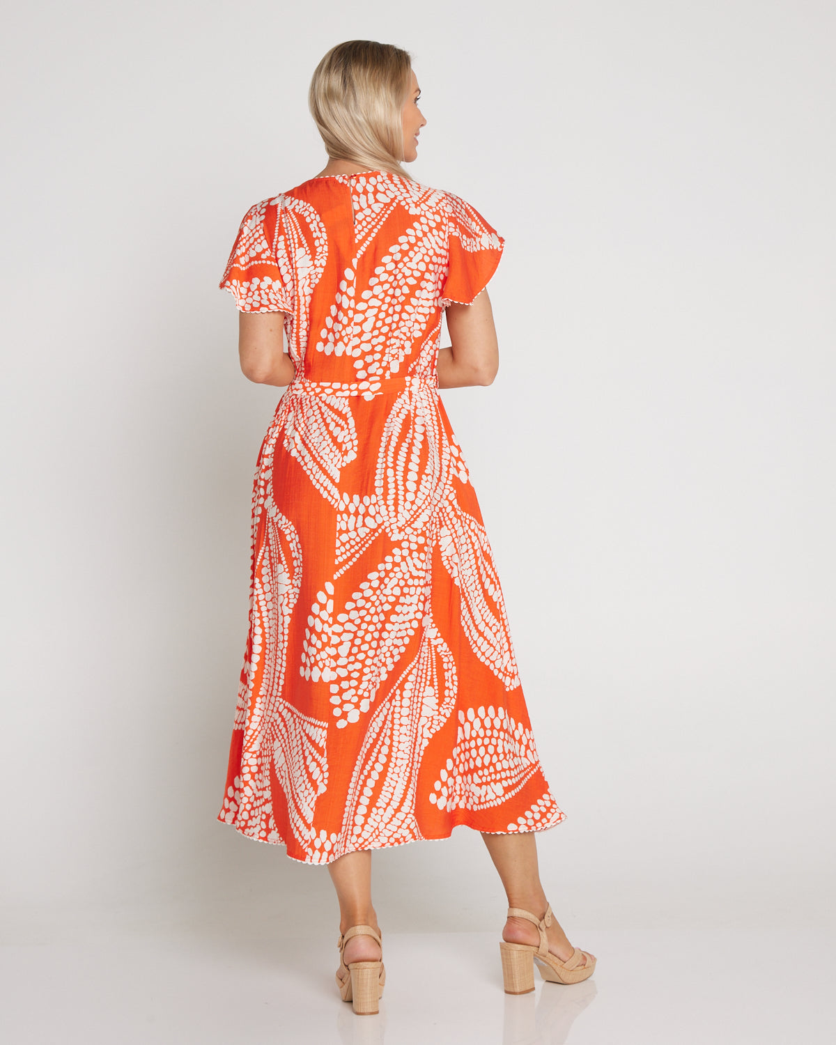 Josie Flutter Sleeve Dress - Orange/White Spot Leaf