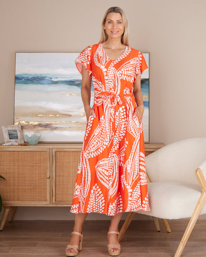 Josie Flutter Sleeve Dress - Orange/White Spot Leaf