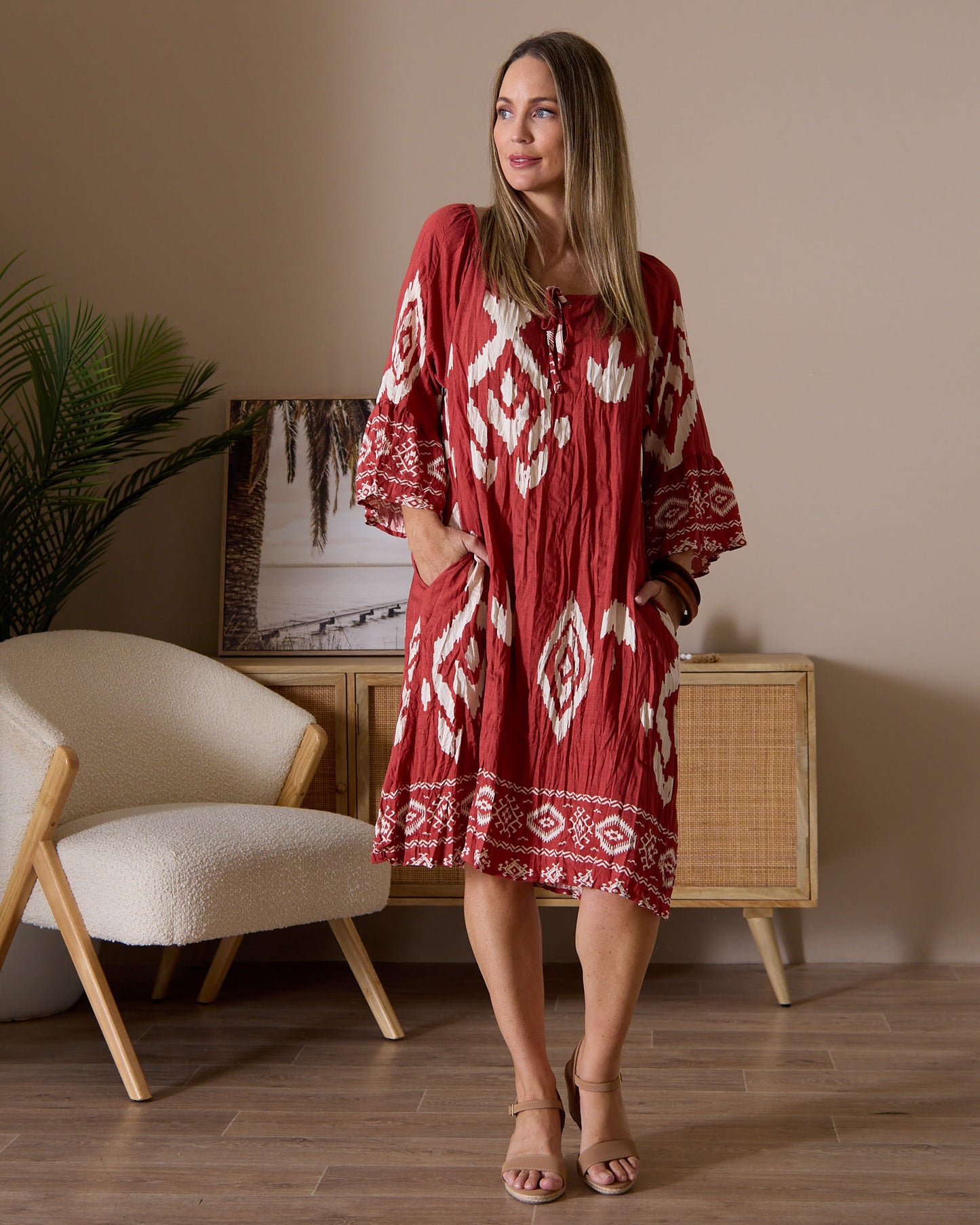 Crinkle Cover Up Dress - Cinnamon Ikat
