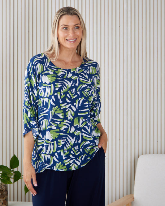 Summer Ease Top - Navy/Painted Palm Frond
