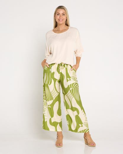 Amanda Wide Leg Pants - Green/Cream Print