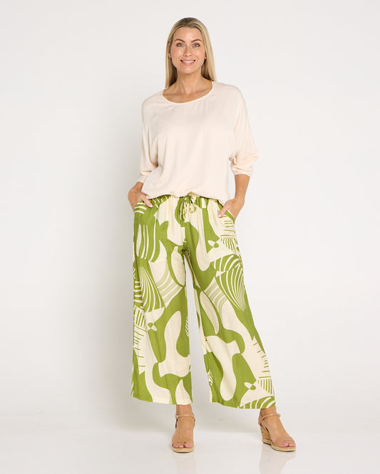 Amanda Wide Leg Pants - Green/Cream Print