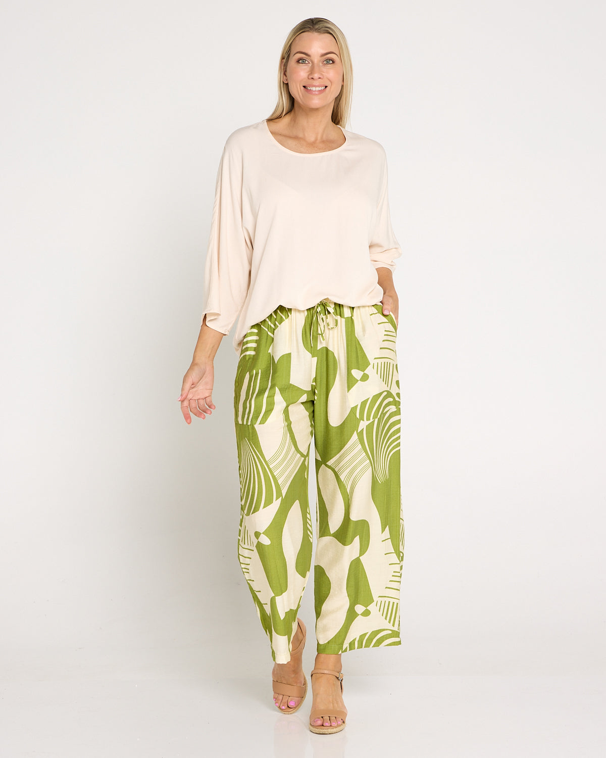 Amanda Wide Leg Pants - Green/Cream Print