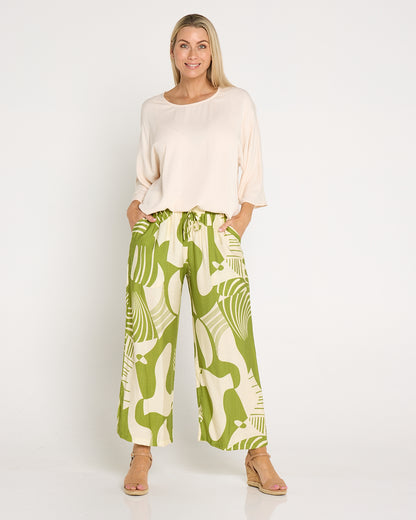 Amanda Wide Leg Pants - Green/Cream Print