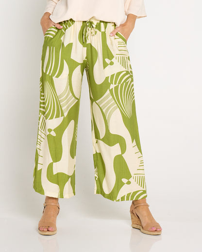 Amanda Wide Leg Pants - Green/Cream Print