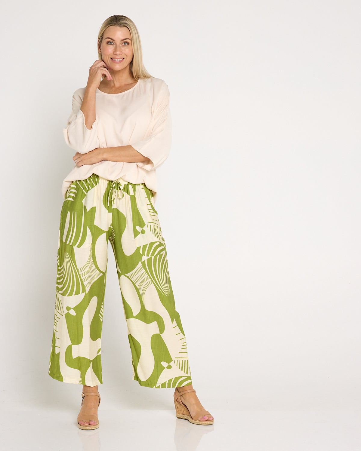 Amanda Wide Leg Pants - Green/Cream Print