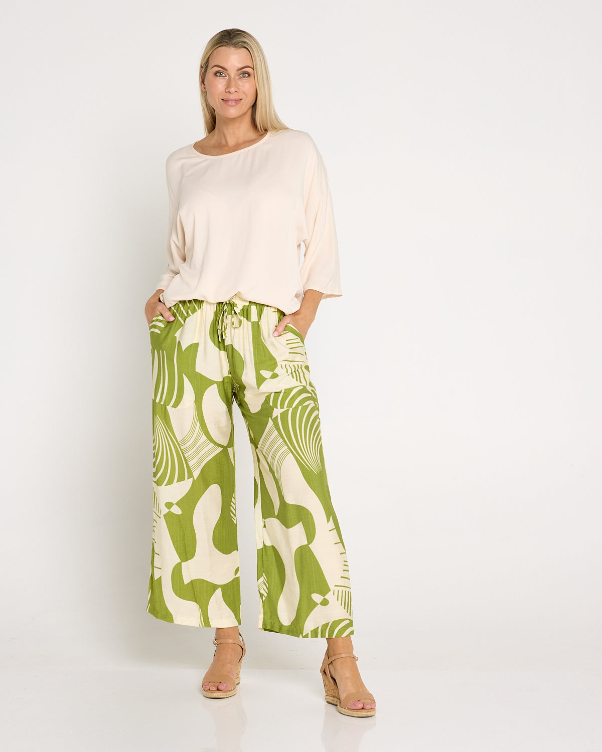 Amanda Wide Leg Pants - Green/Cream Print