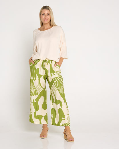 Amanda Wide Leg Pants - Green/Cream Print