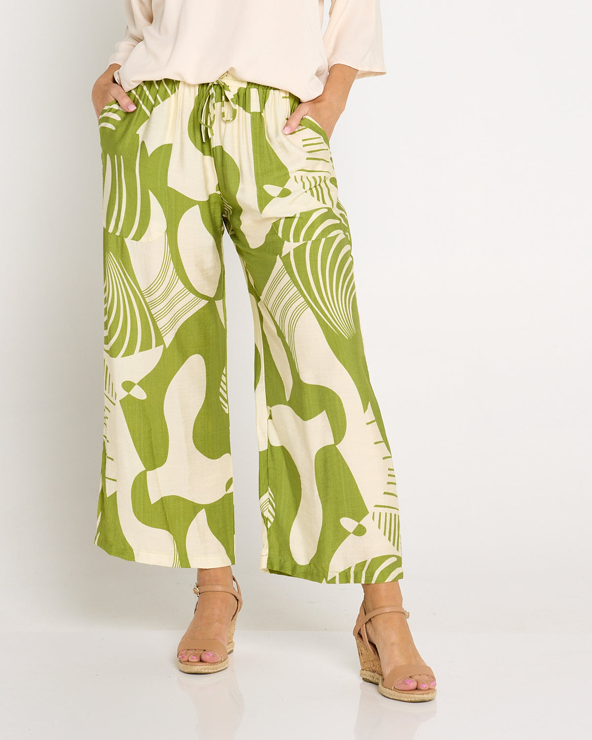 Amanda Wide Leg Pants - Green/Cream Print
