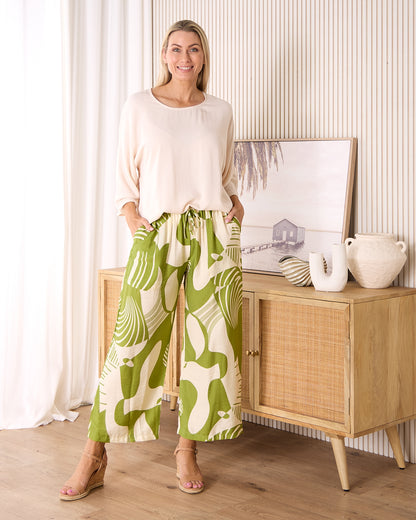 Amanda Wide Leg Pants - Green/Cream Print