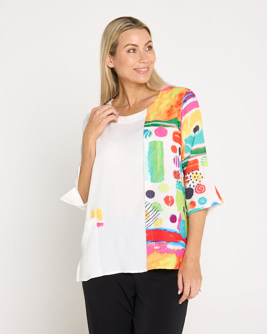 Frankie Splice Top - White/Rainbow Painting