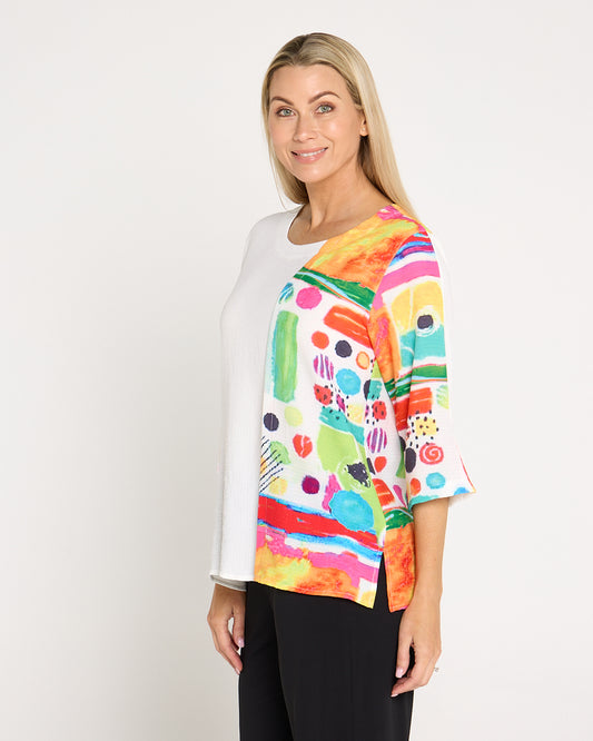 Frankie Splice Top - White/Rainbow Painting