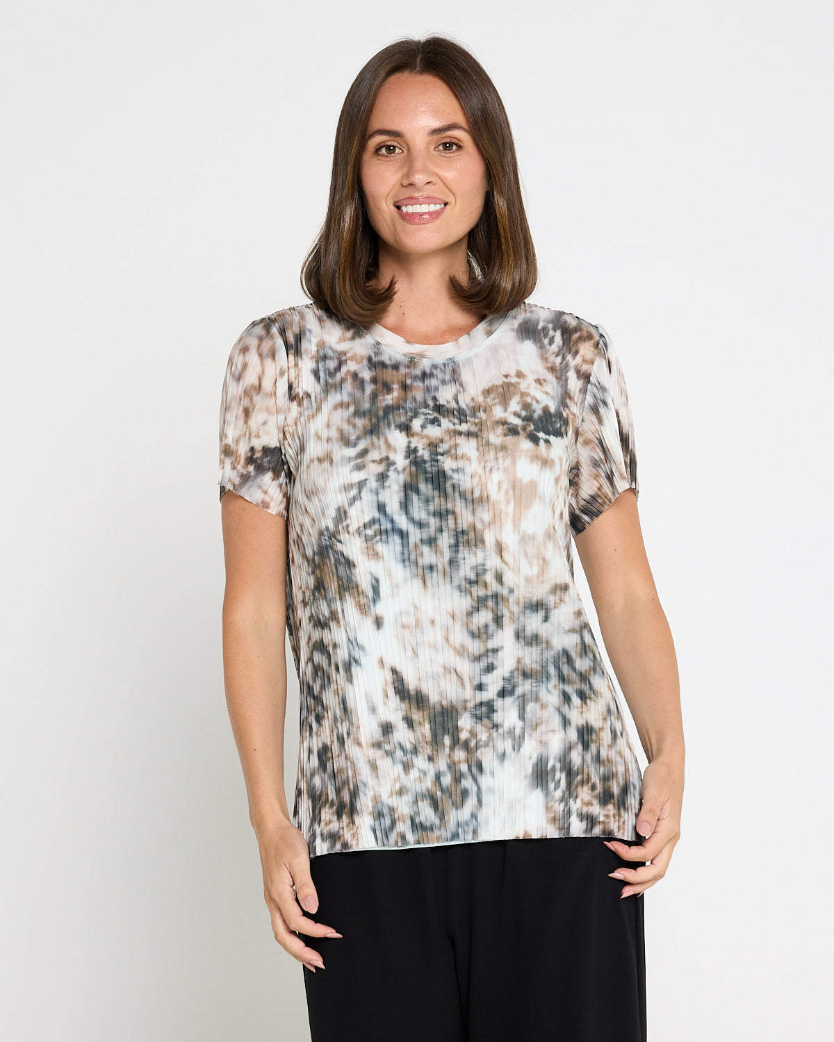 Christine Printed Pleat Mesh Top - Safari Haze