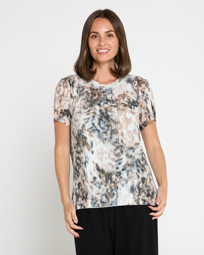 Christine Printed Pleat Mesh Top - Safari Haze