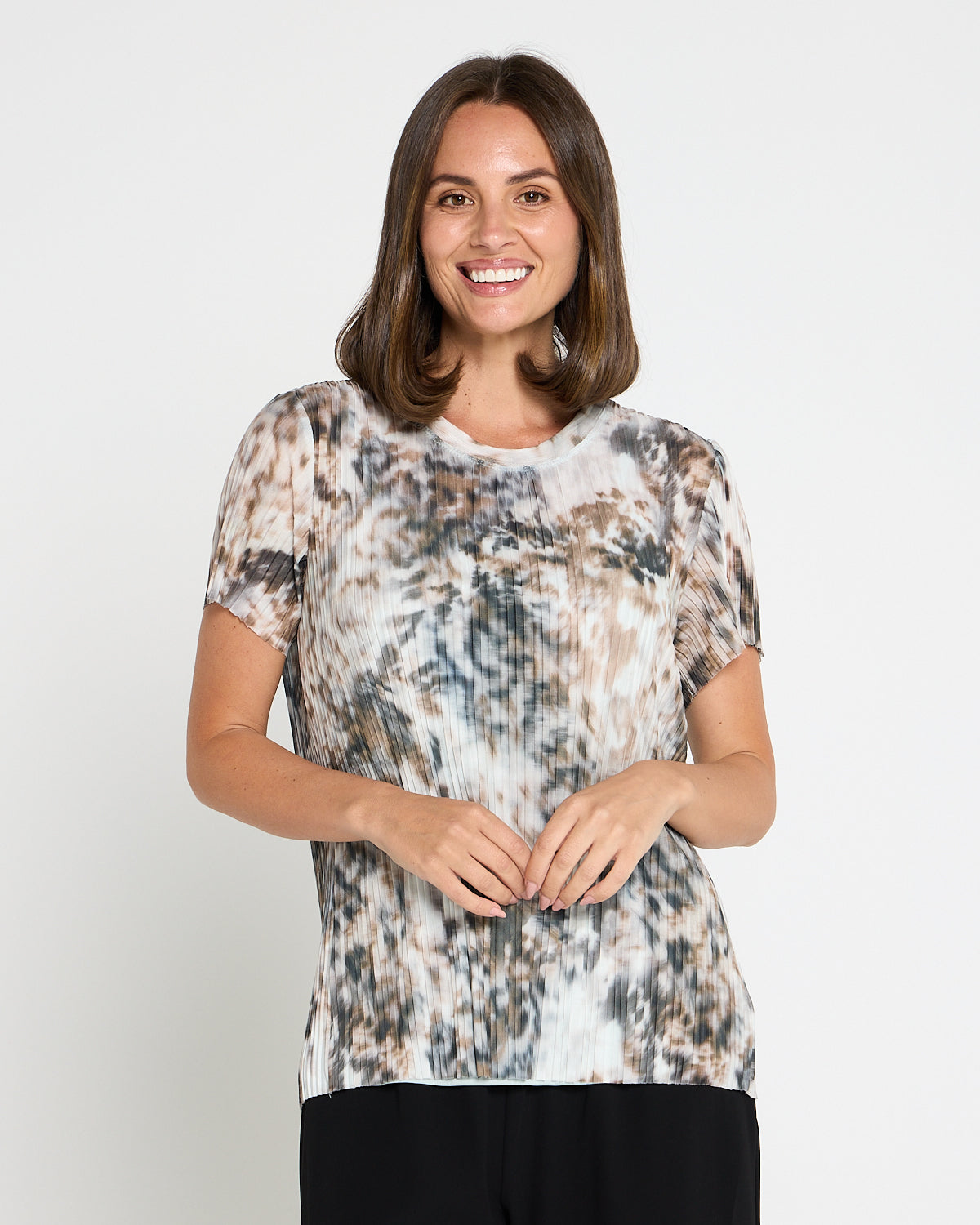 Christine Printed Pleat Mesh Top - Safari Haze