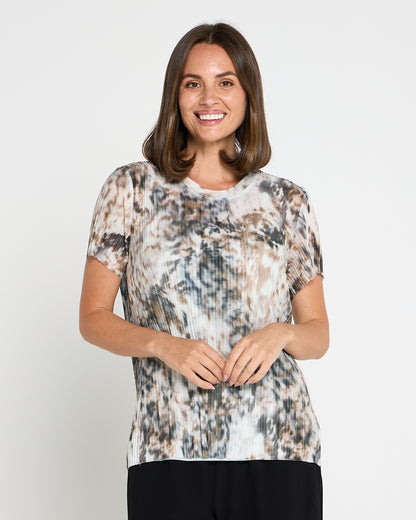 Christine Printed Pleat Mesh Top - Safari Haze